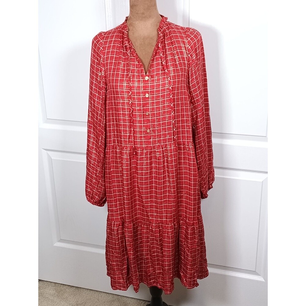 B05. LOFT Red Shimmer Plaid V-Neck Shirt Dress Button Front Tiered Ruffle XS